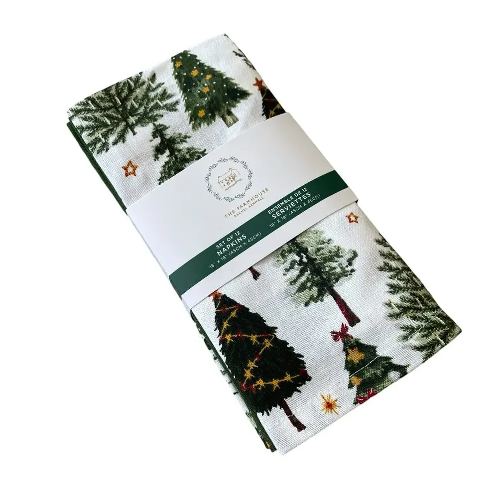 Rachel Ashwell Farmhouse CHRISTMAS TREE Cotton Napkins 12pc Green White New